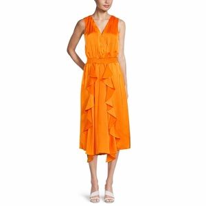 NWT Karl Lagerfeld Paris-Orange Ruffle Front Sleeveless Midi Dress-Size Medium